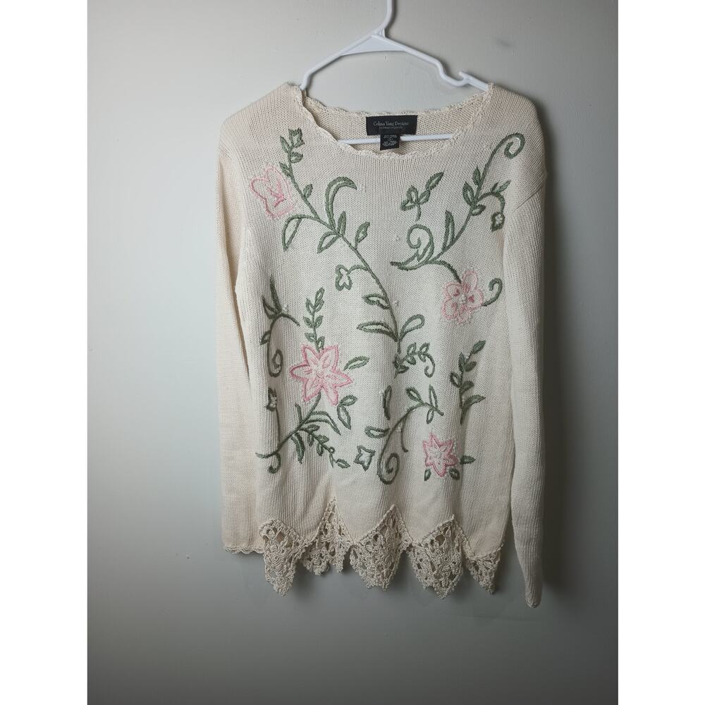 Vtg Celina Yang Womens Beaded Lace Dollie Floral‎ Sweater SizeSmall Knit